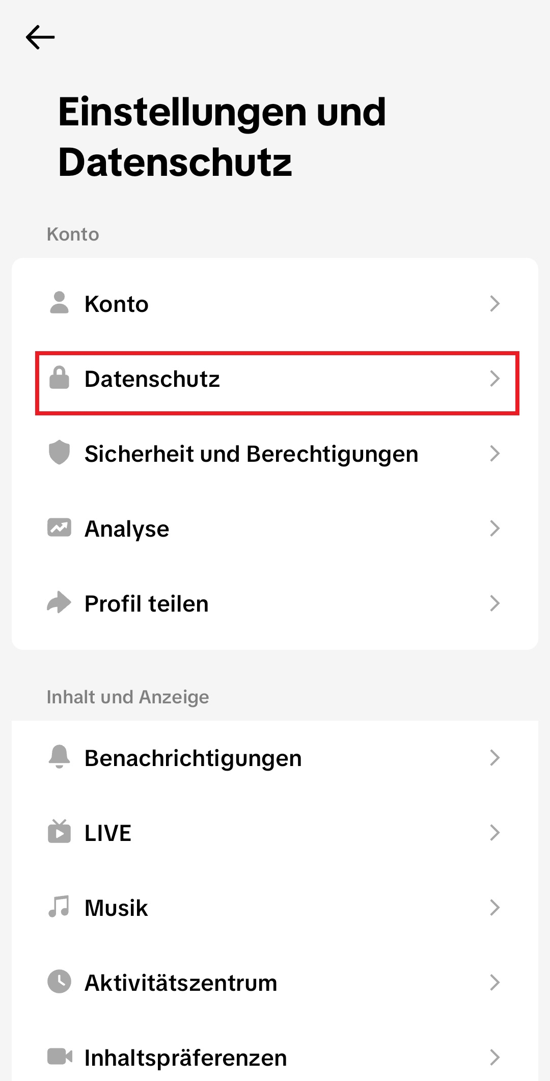 Bereich Datenschutz öffnen
